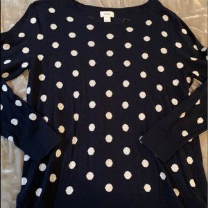 Navy blue and white, polka dot sweater.
